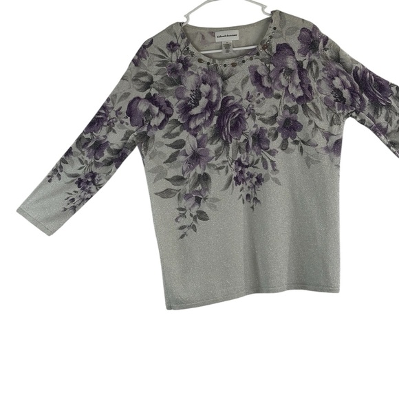 Women’s Floral Glitter Knit Top with Embellished Neckline - Purple/Gray - Picture 7 of 16